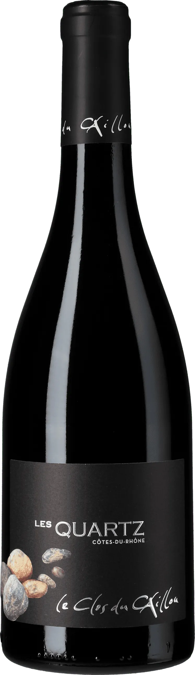 Bottle of Clos du Caillou Côtes du Rhône Les Quartzwith label visible