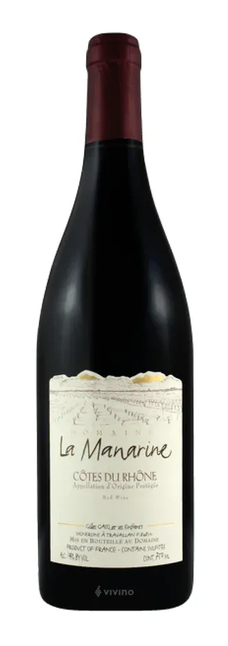 Bottle of Domaine La Manarine Côtes du Rhône Rougewith label visible