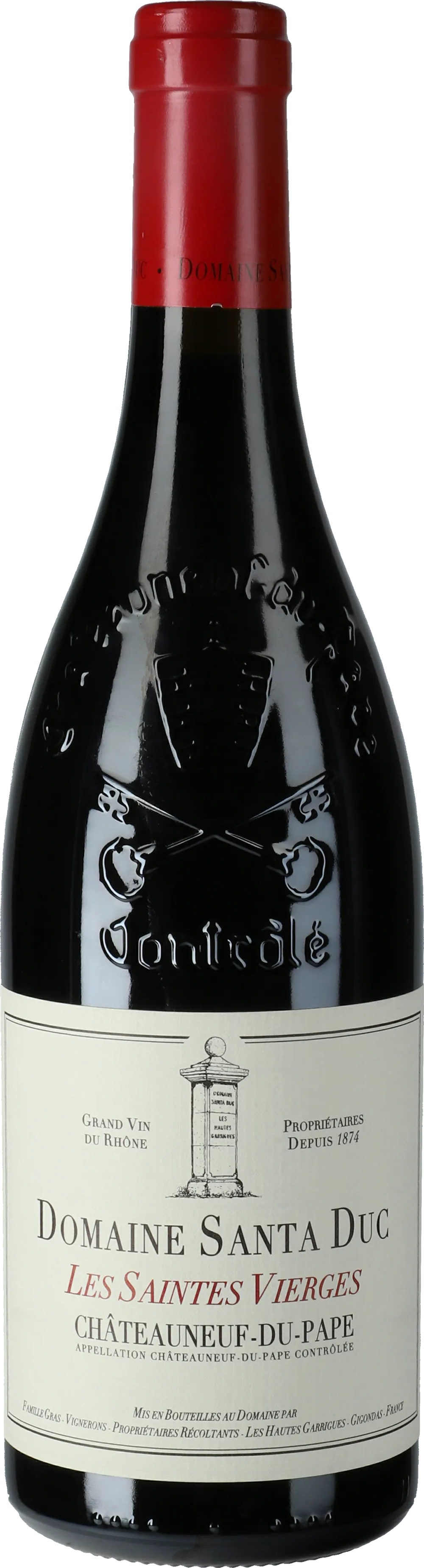 Bottle of Domaine Santa Duc Châteauneuf du Pape 'Les Saintes Vierges'with label visible