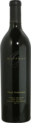 Bottle of Outpost True Vineyard Cabernet Sauvignonwith label visible