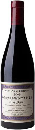 Bottle of Domaine Pierre Gelin Gevrey-Chambertin 1er Cru 'Clos Prieur'with label visible
