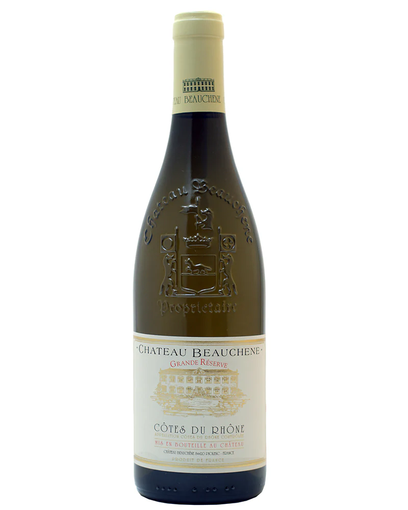 Bottle of Château Beauchene Côtes du Rhône Grande Réserve Blancwith label visible