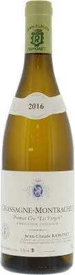 Bottle of Jean-Claude Ramonet Chassagne-Montrachet Premier Cru 'Les Vergers'with label visible