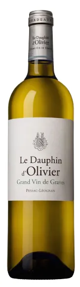 Bottle of Château Olivier Le Dauphin d'Olivier Blanc Pessac-Léognanwith label visible