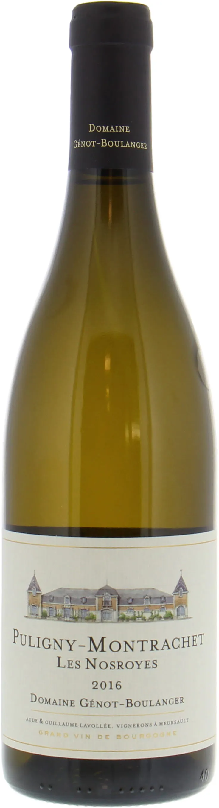 Bottle of Domaine Génot-Boulanger Puligny-Montrachet Les Nosroyeswith label visible