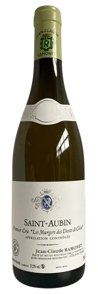 Bottle of Jean-Claude Ramonet Saint-Aubin Premier Cru 'Les Murgers des Dents de Chien'with label visible