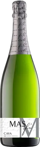 Bottle of Mas Fi Cava Brutwith label visible