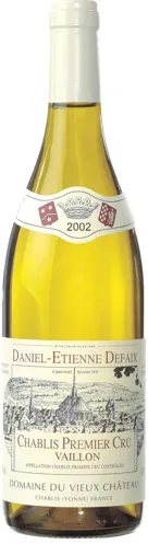 Bottle of Daniel-Etienne Defaix Chablis Premier Cru 'Vaillon'with label visible