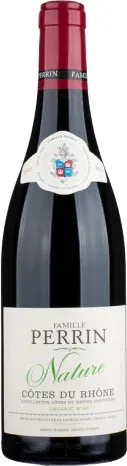 Bottle of Famille Perrin Côtes du Rhône Nature Rougewith label visible